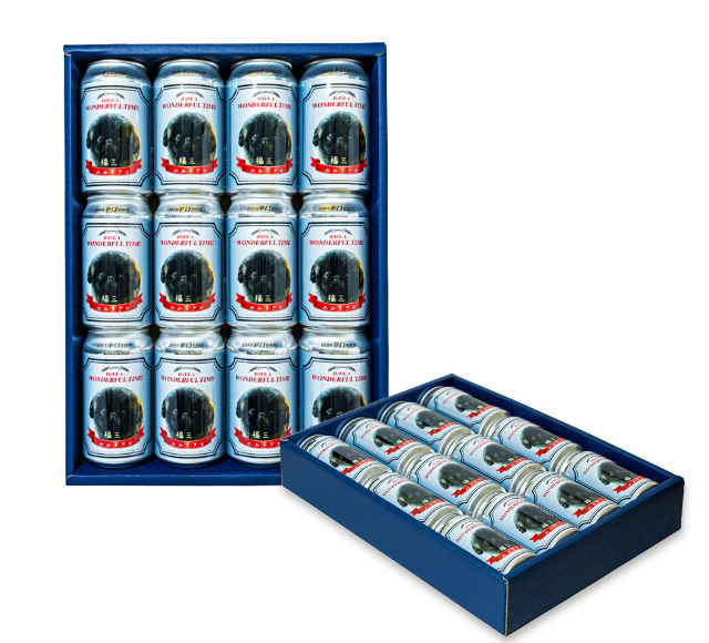 高級感あふれる紙製の化粧箱に入れて包装紙でラッピングするお得なスナップ缶ビール2本用ギフトラッピング