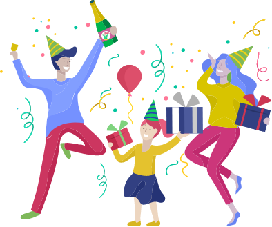 snapgiftの商品とともに喜ぶ家族のイラスト